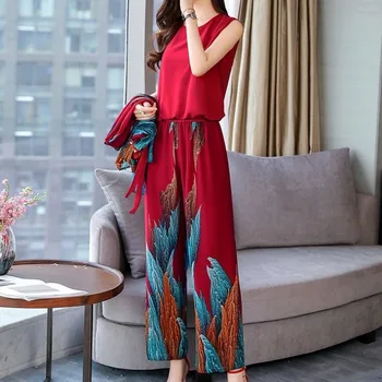 

Summer New Women 3pcs Set Vintage Floral Printed Long Coat Wide Leg Pants Outfits Suit OL Style Elastic Waist Ensemble Femme