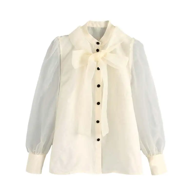 Vadim women elegant organze beige blouse transparent style bow tie collar lantern sleeve female see through tops blusas LB542 - Цвет: beige