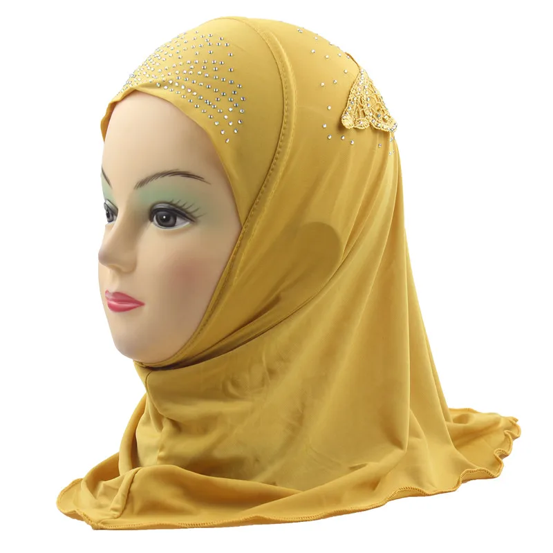 Girls Hijab Kids Muslim Beautiful Embroidery Hijab Islamic Fashion Scarf Shawls Flower Pattern about 45cm - Цвет: Yellow
