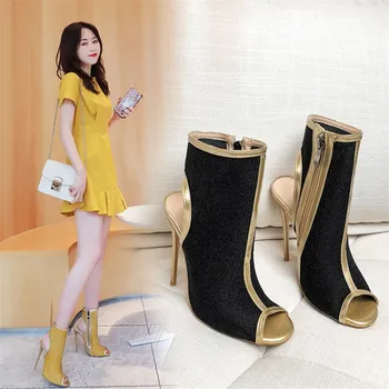 

High Square Heels Zipper Ankle Boots For Women Boots Summer Peep Toe Womens Shoes Plus Size 34-47 Sandalias Plataforma Mujer