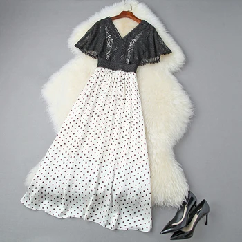 

HIGH STREET New Fashion 2020 Summer Designer Runway Dress Women's Short Sleeve Lace Patchwork Dot Dress