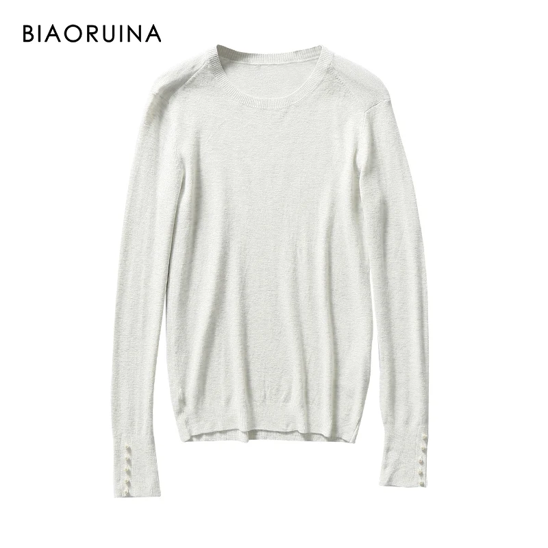 

BIAORUINA 7 Color Women's Solid Basic All-match Slim Knit Sweater Female O-neck Casual Pullover Beadings Decoration New Arrival