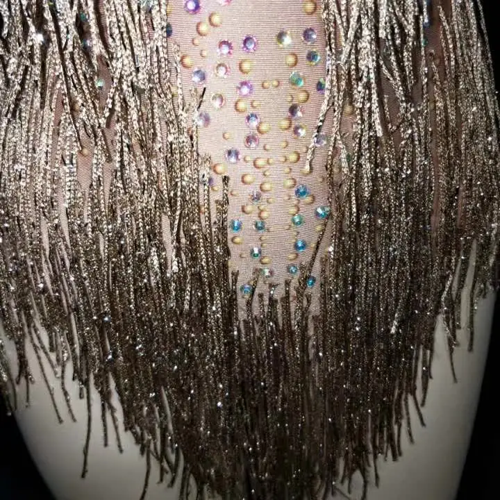 5 Colors Sparkly Gold Rhinestones Tassel Bodysuit One Piece Leotard Dance Wear Women's Celebrate Female Singer Crystals Costume long sleeve bodysuit