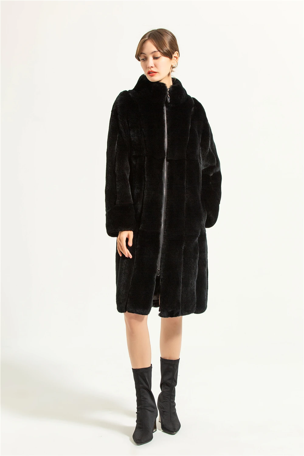 100cm Rex Rabbit Fur Coat Thick Warm Winter Women Clothing Overcoat Women Natural Fur Stand Collar Jacket