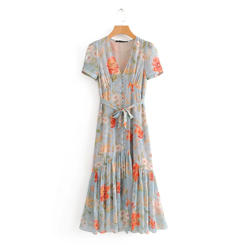 

2018 Western Style Spring And Summer WOMEN'S Dress New Style Flower Printed Midi Dress