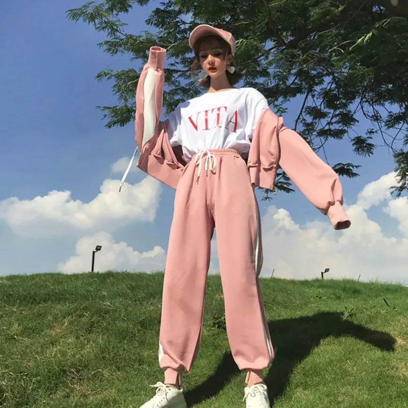 Женские повседневные комплекты осенние свободные в Корейском стиле хип-хоп Уличная одноцветные кофты с капюшоном+ брюки комплект из двух предметов