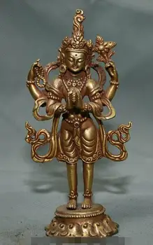 

5.4" Old Tibet Buddhism Temple Copper Gilt Gold 4 arms Chenrezig Buddha Statue