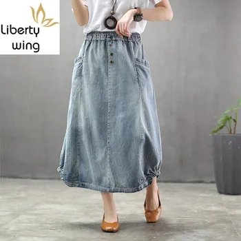 

New Design Fashion Women Elastic Waist Medium Length Denim Literary Vintage Loose Fit Casual Button Bud Skirts Streetwear
