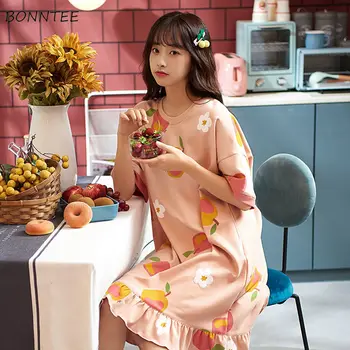 

Nightgowns Women Cartoon-printed Summer Thin Short Sleeve Pyjamas Kawaii Cute Loose Leisure Korean Style Trendy Ulzzang Ins New