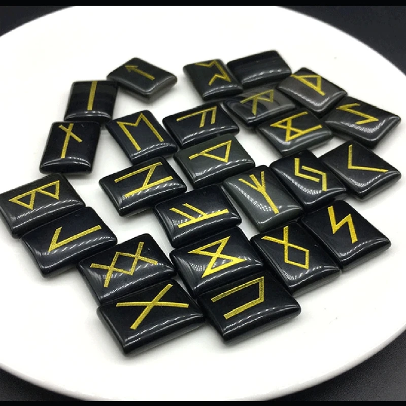 25Pcs Black Obsidian Rune Stones Set with Engraved Elder Futhark Alphabet Crystal Meditation Divination Art Witchcraft