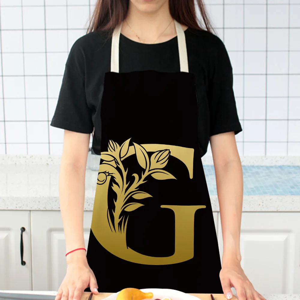 Customized Letter Apron Black Golden Flower Kitchen Aprons for Women Cotton Linen Bibs Household Cleaning Pinafore Home Cooking