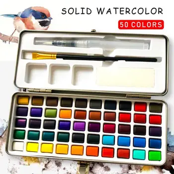 

1 Set Of 50-color Solid Powder Watercolor Paint Set Watercolor Beginner Metal Supplies Portable Paint Box Watercolor Painti I2S9