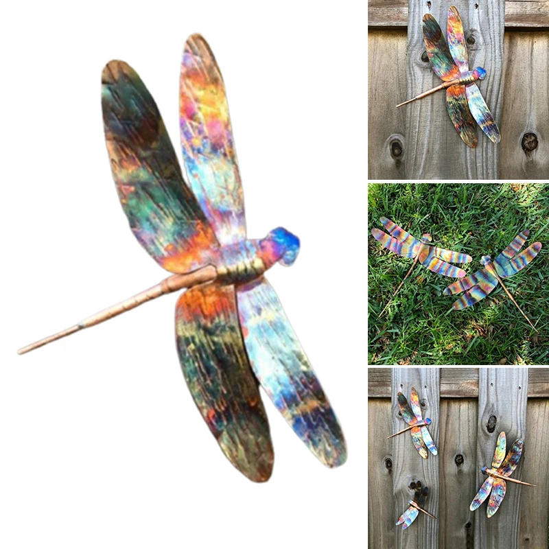 Metal Colorful Dragonfly Fence Hanger Wall Art Yard Lawn Garden Decor Nail Type 