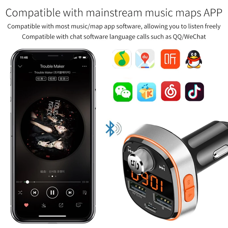 Fm-передатчик Bluetooth Hands-Free автомобильный mp3-плеер сабвуфер красочный атмосферный свет двойной USB PD3.0 Быстрая зарядка