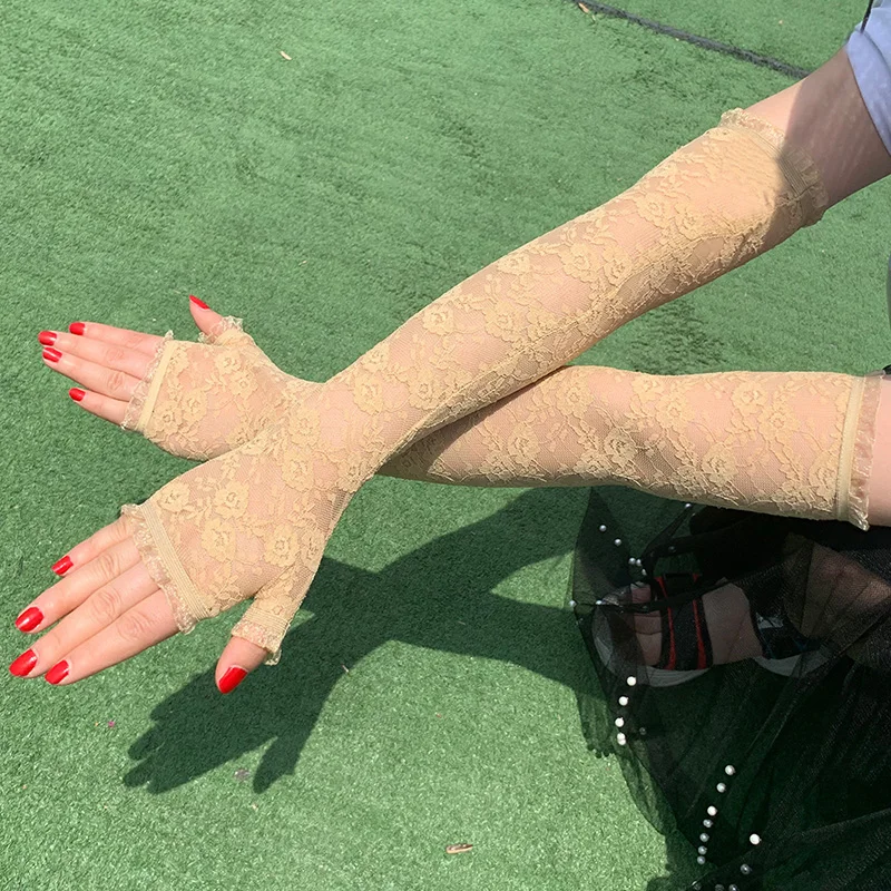 Women Summer Arm Sleeves Gloves Sexy Lace Flowers Gloves Fingerless Mittens Covered Scar Elastic Sleeve Driving Sunscreen Gloves