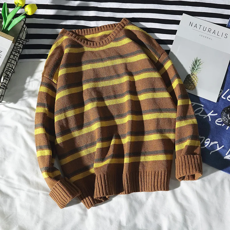 Fall and Winter 2019 New Men's Sweater Loose Knitted Sweater Stripe Sweater Couple Dress