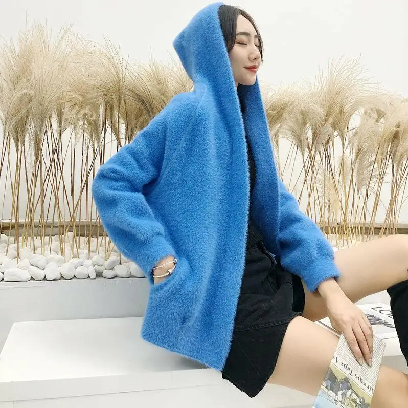 Blue Пальто женский короткий параграф бархатный кардиган с капюшоном женская верхняя одежда осень и зима тонкий толстый Универсальный - Color: Blue