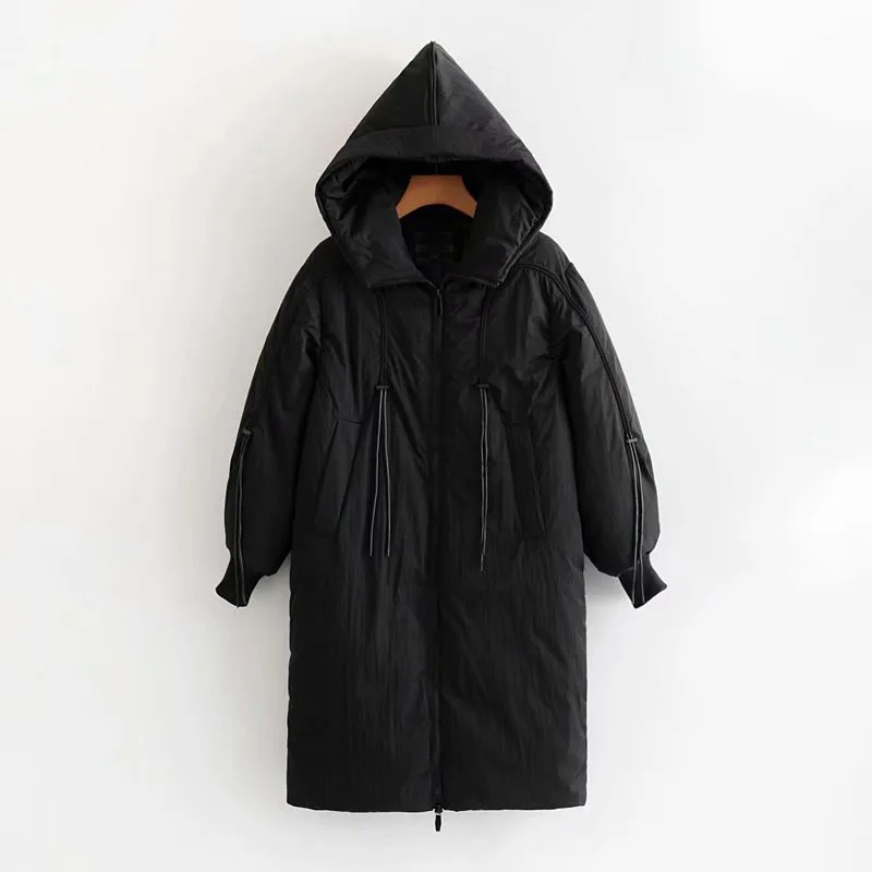 

Korean-style WOMEN'S Wear 2019 Winter New Style Long Drawstring Contrast Color Trim Hooded Cotton Overcoat Women's