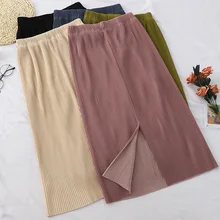 Простая золотистая бархатная прямая женская плиссированная юбка Осенняя Однотонная юбка с высокой талией и разрезом женская черная длинная юбка летняя