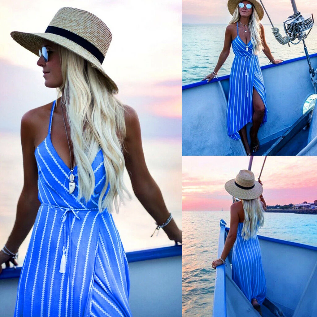 

New Women Summer Dress Boho Maxi Long Striped Halter Party Beach Dresses Sundress Irregular Bohemian Holiday Dress