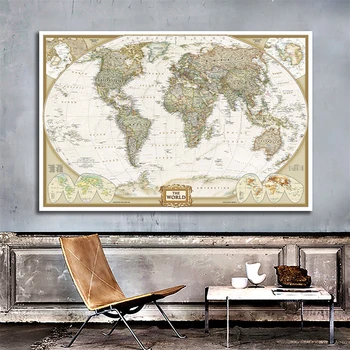 

Vintage World Map 2011 Edition Geographic Society World Map HD Spray Painting Wall Map for Research and Learn Home Decoration