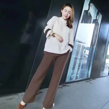 

Autumn fashion suit female new loose slim long sleeve shirt high waist wide leg trousers knit 2 piece outfits for women