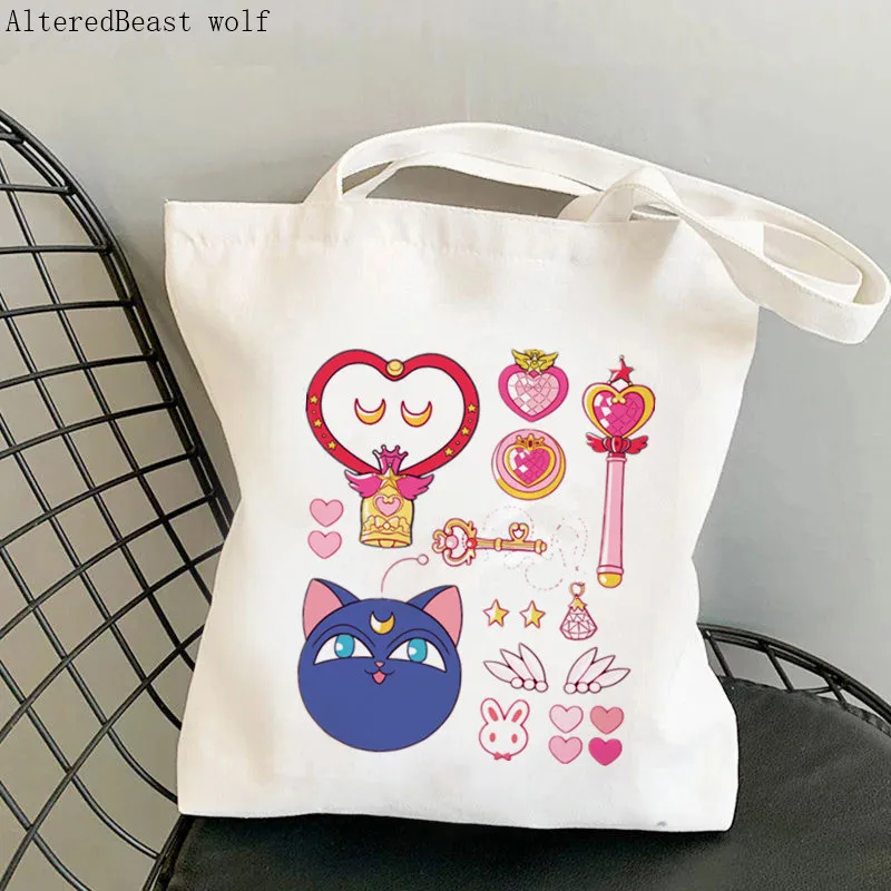 Women Shopper bag Artemis Face Sailor Meow Kawaii Bag Harajuku Shopping Canvas Shopper Bag girl handbag Tote Shoulder Lady Bag
