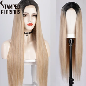 

Stamped Glorious Synthetic Long Wig Ombre Ash Blonde Straight Wigs for Women Dark Roots Middle Part Hair for Girl Cosplay Wig