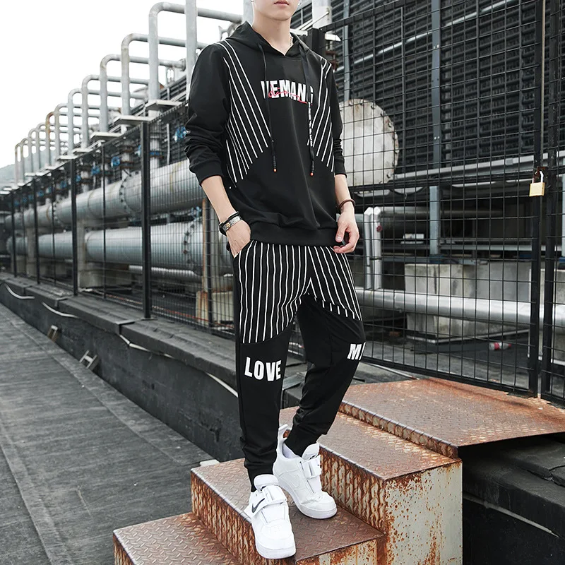 

New Style Autumn MEN'S Hooded Sweater Two-Piece Set Teenager Korean-style Trend Leisure Sports Suit Men'S Wear