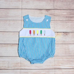 Vêtements d'été pour garçons, Plaid bleu, sans manches, cinq motifs brodés de Popsicle, barboteuse pour tout petits 