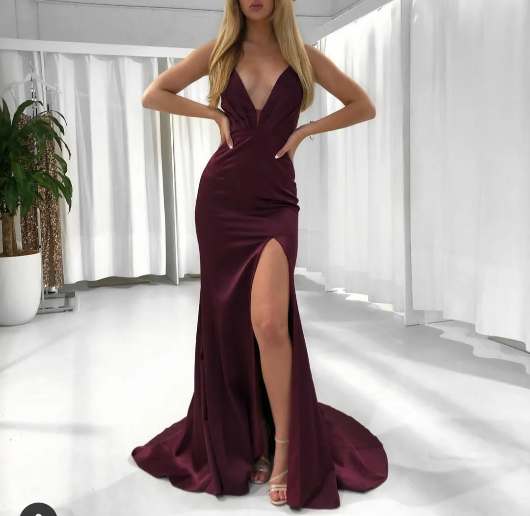 

Sexy Long Deep V-Neck Mermai Evening Dresses with Slit Cirss Cross Back Satin Spaghetti Abendkleider Robes De Soirée for Women