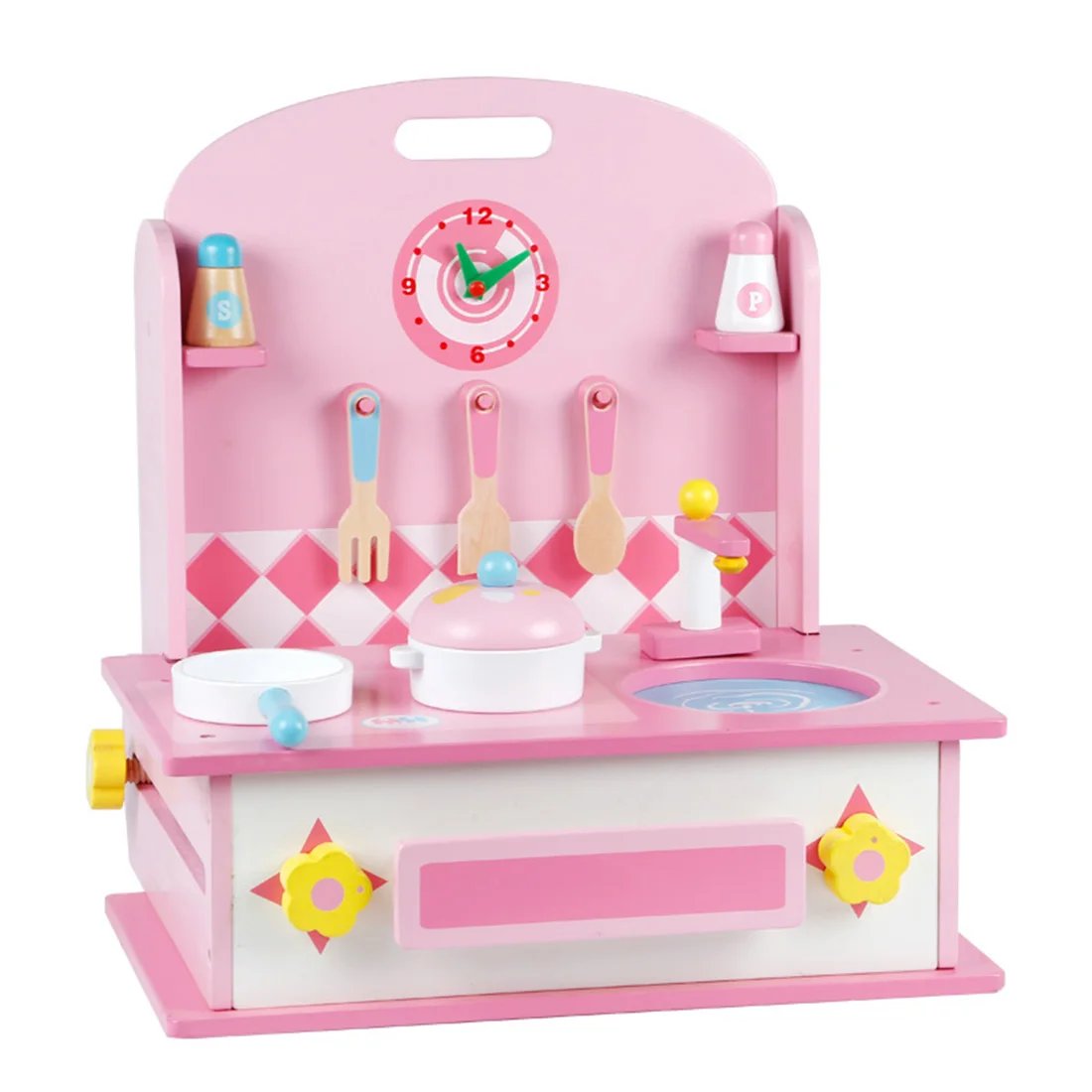  14Pcs 2-in-1 Children Pretend Play Wooden Dressing Table Kitchen Counter Playset Educational Make U - 4000288555202