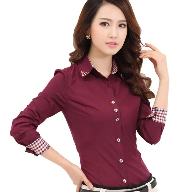 

Fashion Diamonds Collar Ladies Office Shirts Plaid Long Sleeve OL Turn-down Collar Office Blouse Women Tops