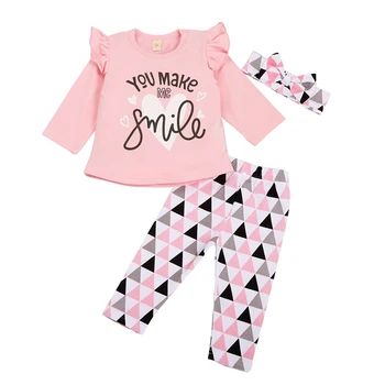

Autumn Kids Girl 3Pcs Set Long Sleeve Flower Printed O-Neck Romper+Casual Flouncing Long Pants+Headband