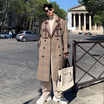 

Men Autumn Winter Plaid Splice Double Breasted Long Wool Jacket Trench Coat Male Vintage Streetwear Thick Overcoat Outerwear
