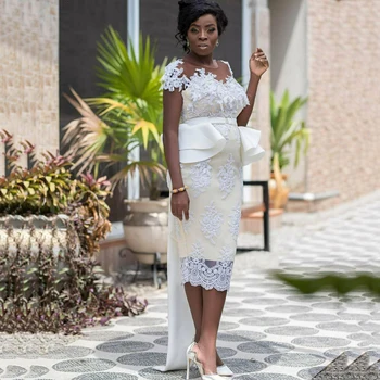 

Classy Lace Beaded Beach Short Wedding Dresses Sheer Jewel Neck Sheath Appliqued Bridal Gown Covered Buttons Back Tea Length