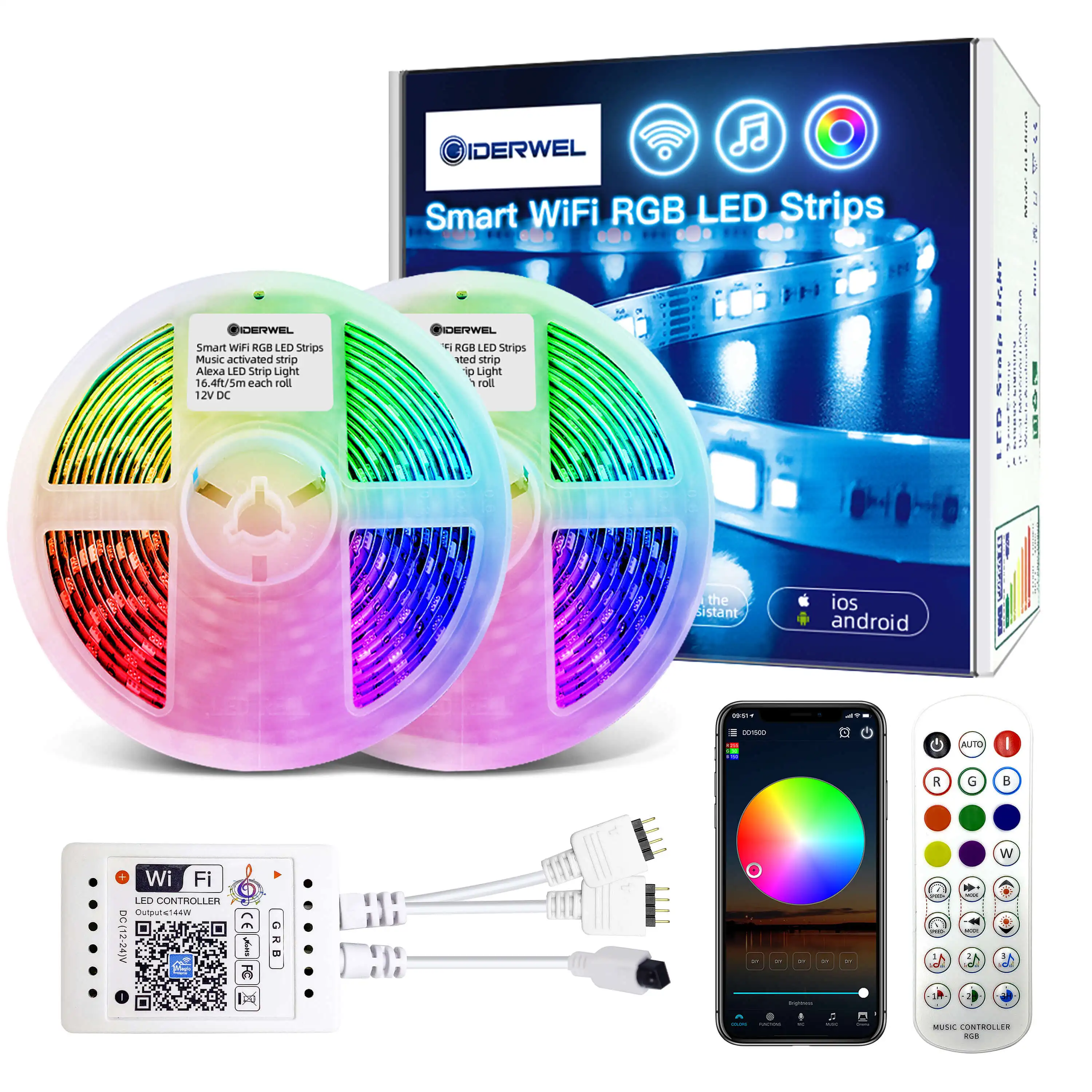 

RGB Wifi LED Light Strip SMD5050 DC12V 5M 10M Ambient Light Work for Alexa Echo Plus Voice Control Google home Color Changing