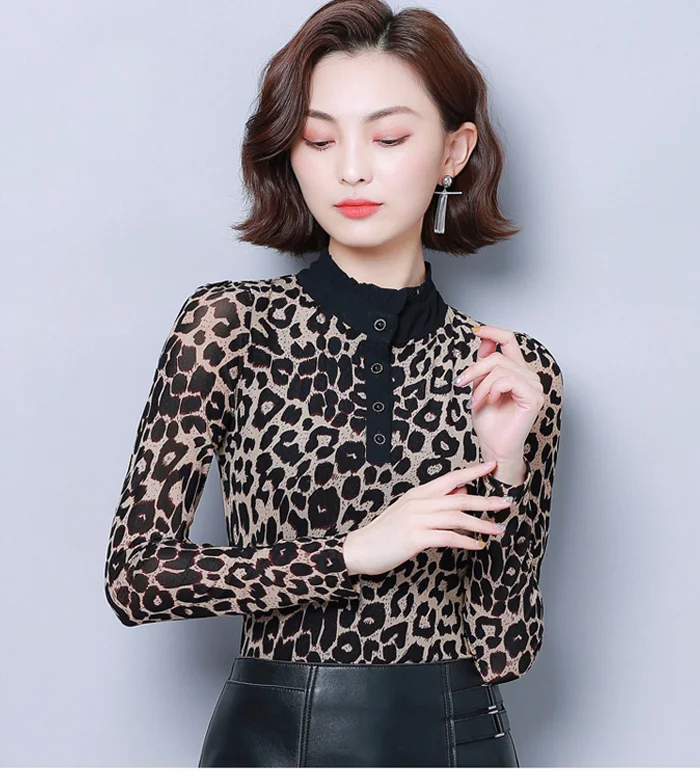 women Sexy shirt leopard print mesh top female shirts long sleeve clothing top Slim fit tee free shipping