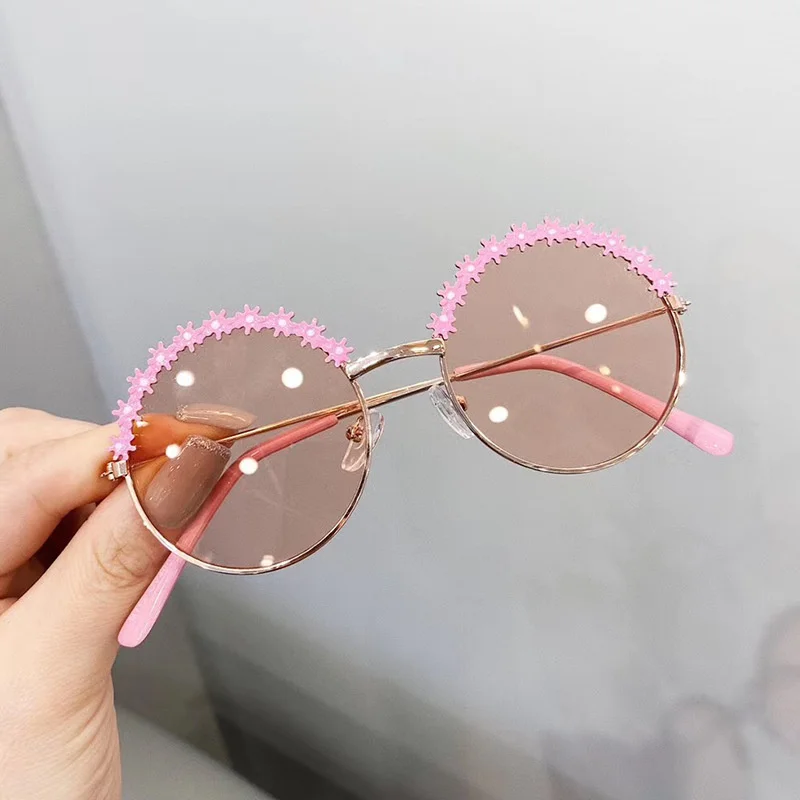 MUYE Round kids sunglasses Flower Baby Children Shades Sun Glasses Girls Cute Half Frame Metal Eywear UV400_voghion.com