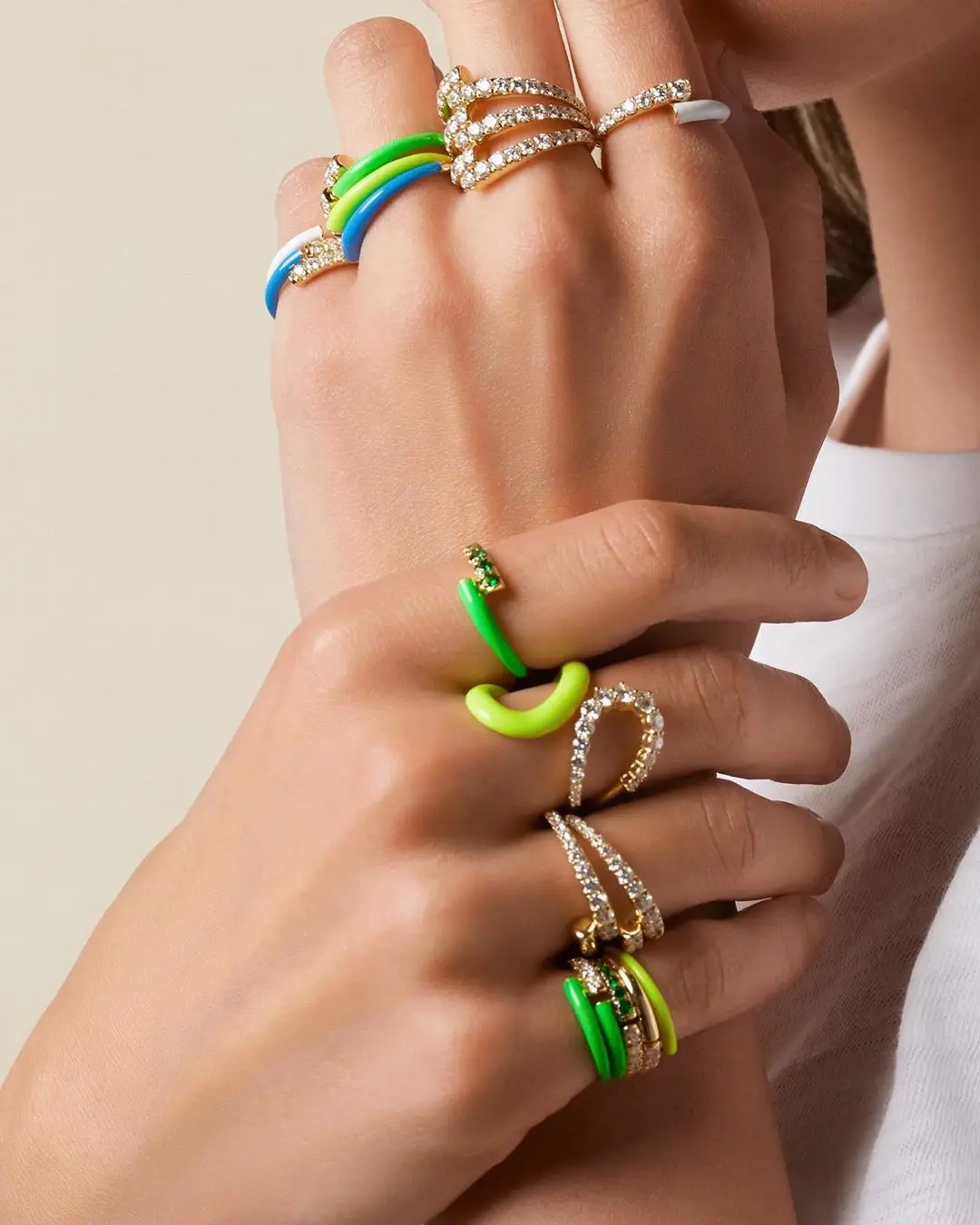 Open adjusted full finger ring for women gold color 5A cubic zirconia Neon enamel band rings