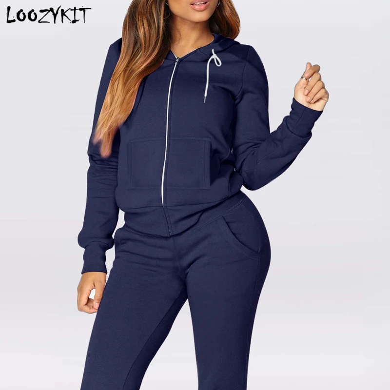 

Loozykit Women Sportwear Set Solid Color Tracksuit Sweatshirts Fleece Joggers 2-piece Running Set Thick And Thin Autumn Winter
