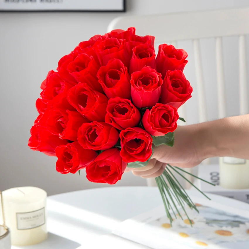 Red Roses Bouquet Vase for Home Decor Garden Wedding Decorative Wreaths Diy Handwork Flower Arrangement Artificial Flowers 10Pcs
