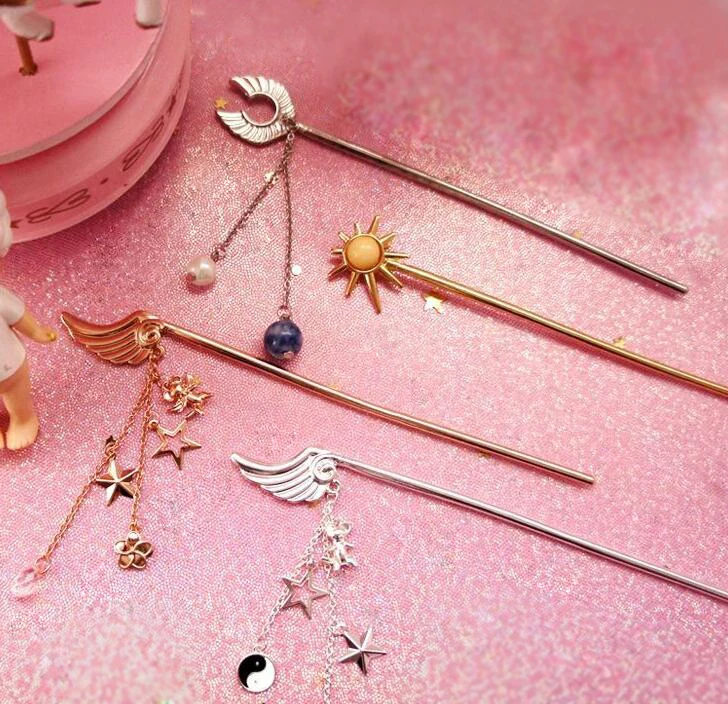 Карта Captor Cardcaptor SAKURA Косплей палочки для волос шпильки звезда золото серебро ювелирные изделия с кистями аксессуары для женщин девушки ювелирные изделия