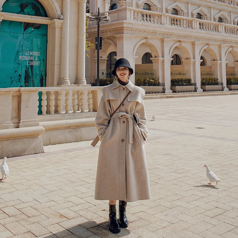 

Elegant Female Wool Coat Casual Solid Color Long Jacket Turn-Down Collar Loose Oversize Thick Woolen Trench Coat Winter Women