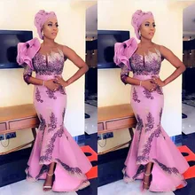 Aso Ebi африканская Русалка вечернее платье блестящее шеи оборками Нигерия платья для выпускного вечера кружевные бисером официальный с короткими рукавами Вечерние платья на заказ