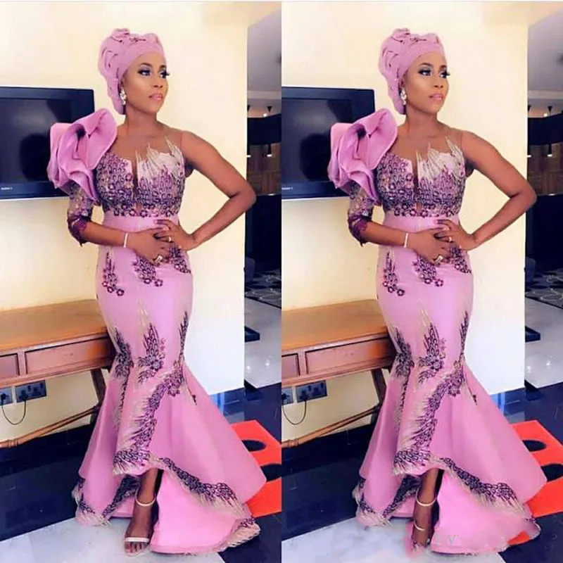 Aso Ebi Африканское вечернее платье с юбкой-годе Прозрачное вырезом и оборками