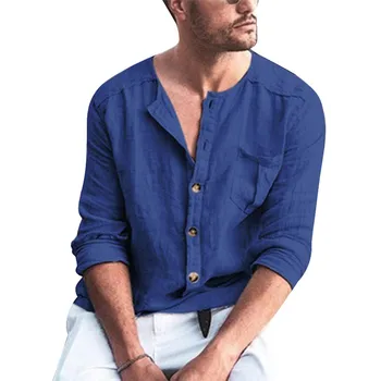 

LASPERAL Men Summer Shirts Blouses Baggy Beach Hawaiian Cotton Linen 2019 Solid Color Long Sleeve V Neck White Shirts Tops