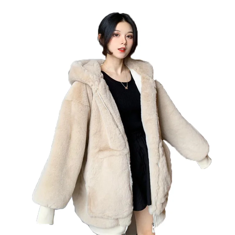 

2021 Fur Coat Women's Winter New Casual Fashion Zipper Temperament Pockets Hooded Thickened Loose Apricot Faux Fur Jacket N1280