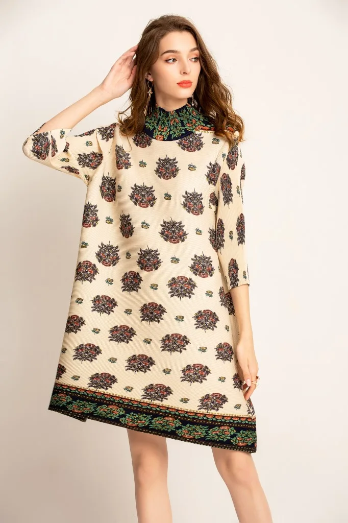 High neck print dress middle sleeve digital flower print loose dresses