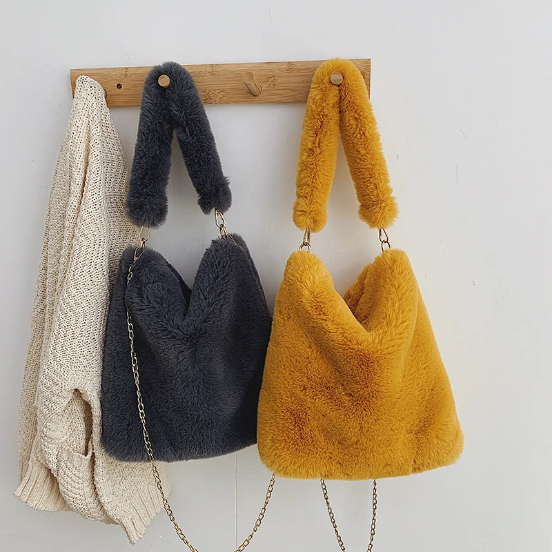 

Faux Fur Shoulder Bags For Women 2020 Winter Warm Crossbody Messenger Bag Female Travel Solid Color Handbags